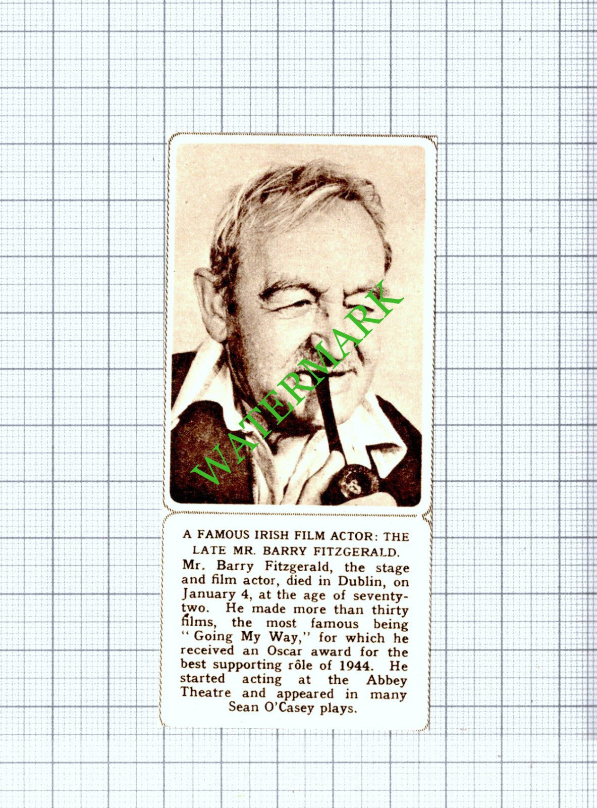 Mr Barry Fitzgerald Actor Obituary - 1961 Small Cutting