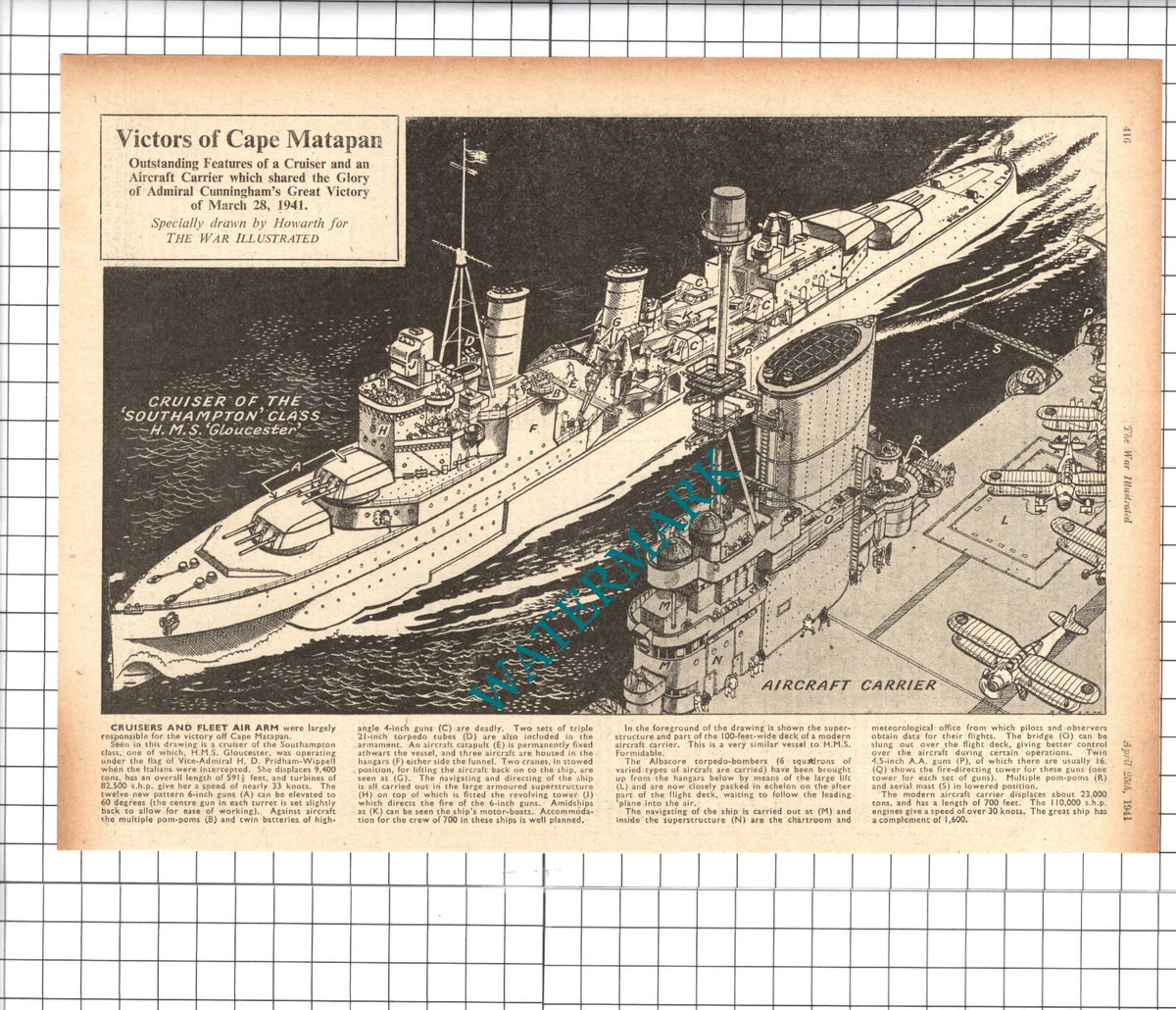 HMS GLOUCESTER Ship  Pridham-Wippell Cape Matapan WW2 - 1941 Cutting / Print