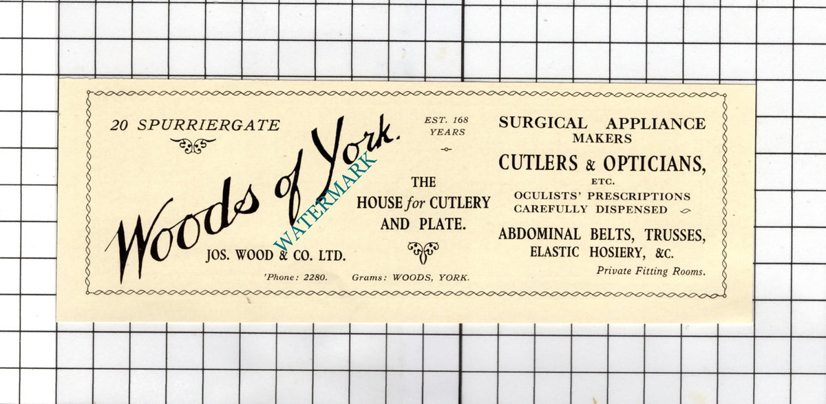 Woods Of York Joseph Wood & Co Ltd 20 Spurriergate York  -  1928 Small Advert