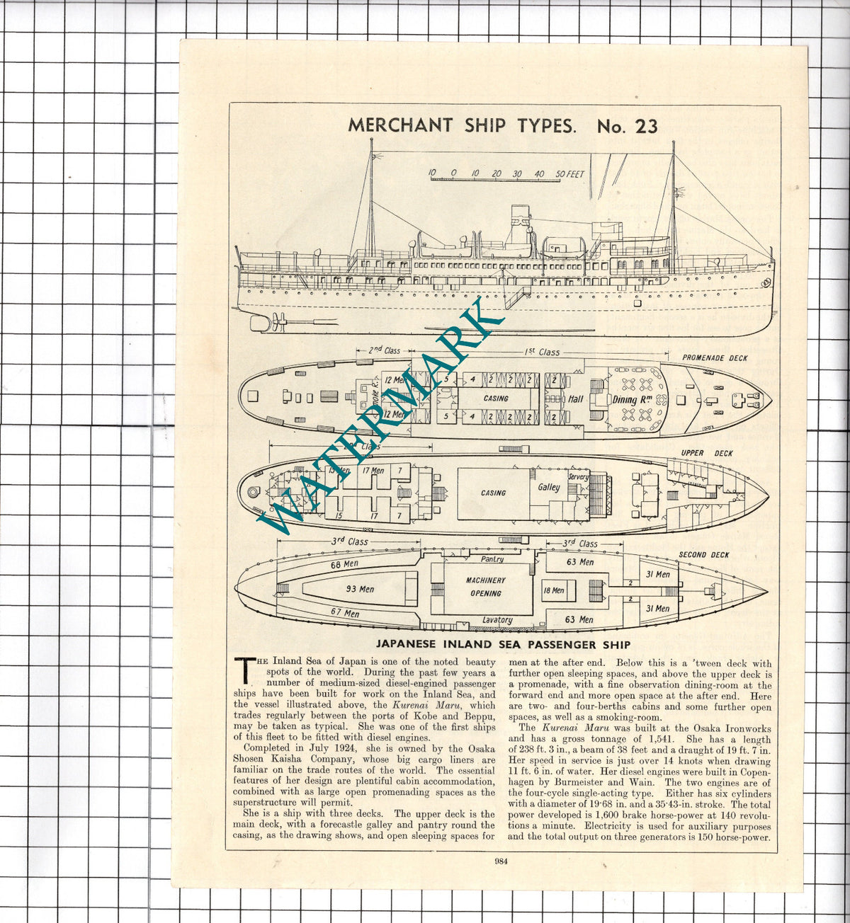 Kurenai Maru Ship Diagram - c.1940's Cutting / Print