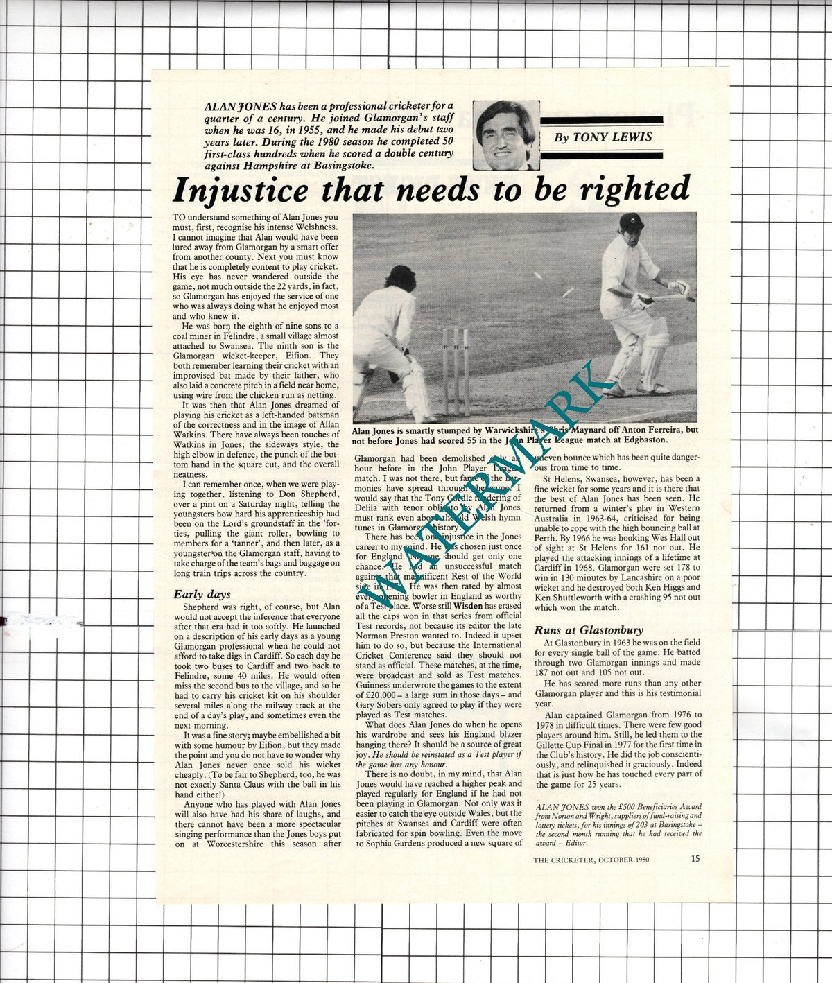 Alan Jones Cricketer Cricket Glamorgan  - 1980 Article