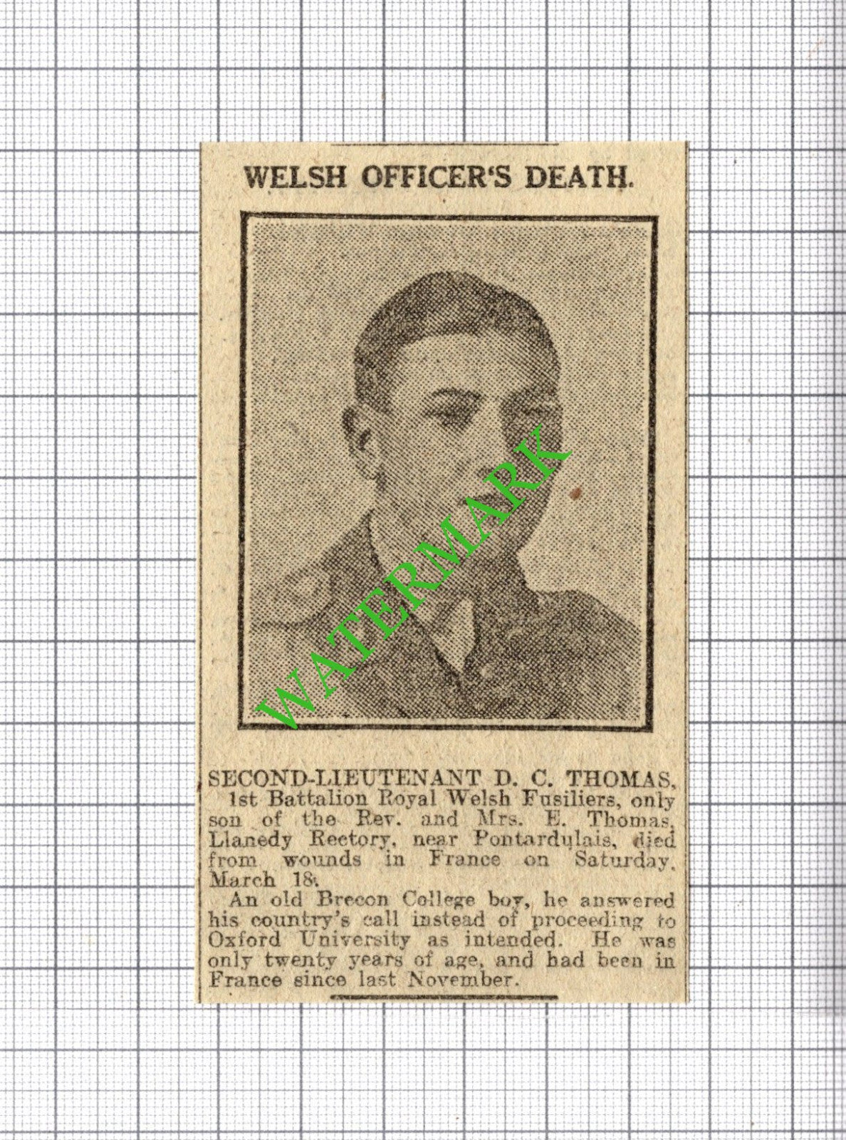 2nd Lt D C Thomas 1st Batt Royal Welsh Fusiliers  Llanedy - 1916 Small Cutting