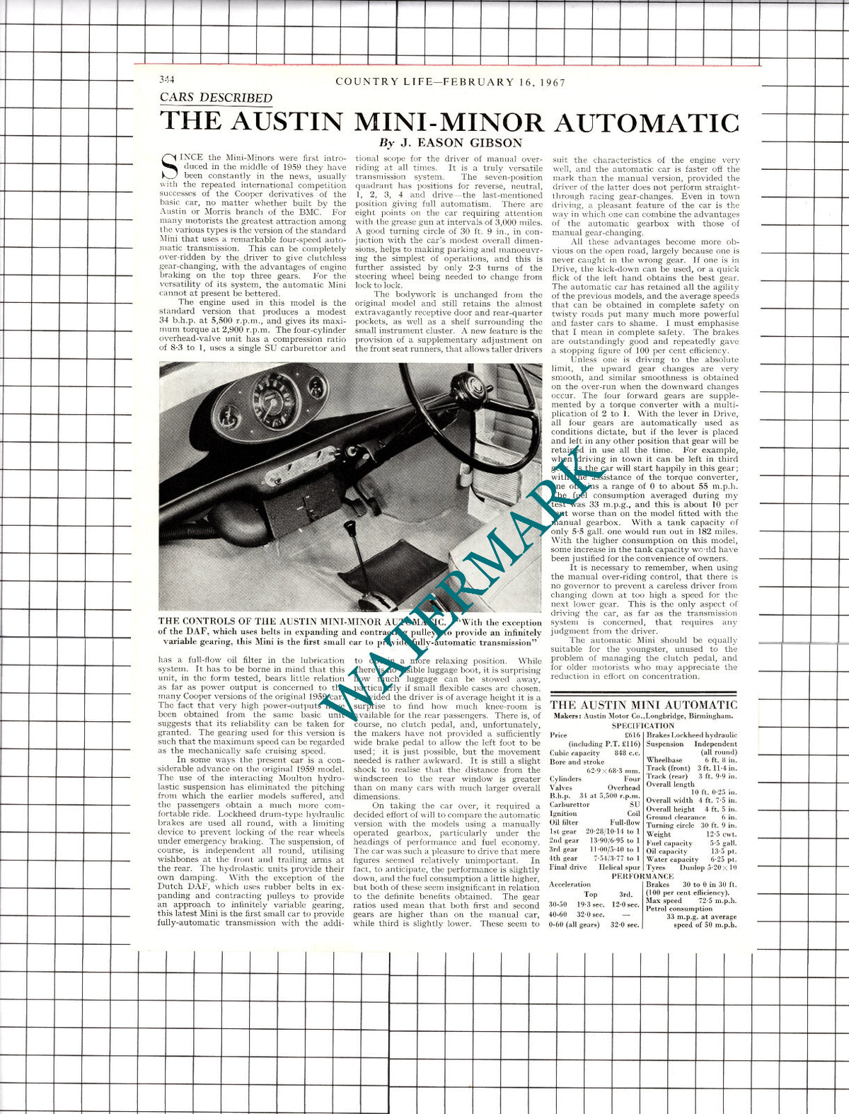 Austin Mini Minor Automatic Car Review -  1967 Article / Print