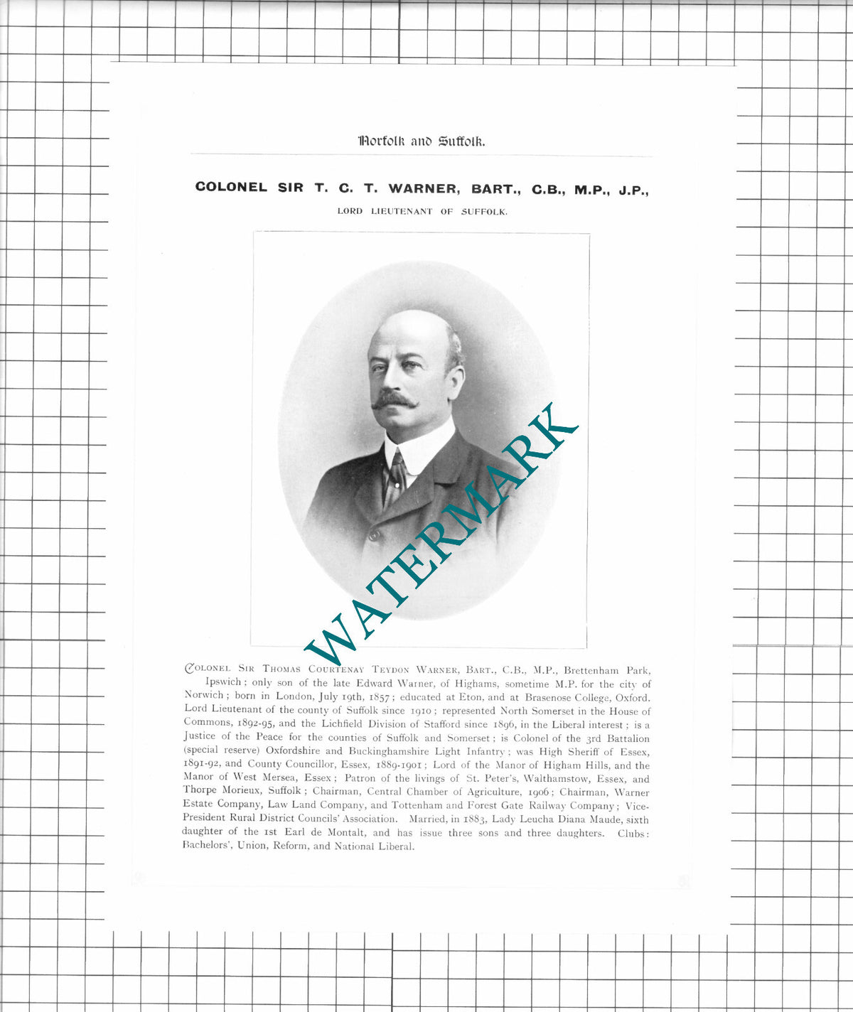 Colonel Sir Thomas Courtenay Teydon Warner - 1911 Print