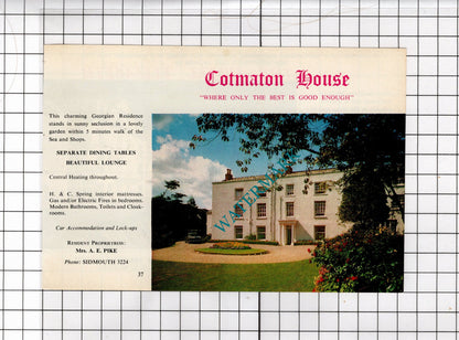 Cotmaton House Sidmouth Devon Pike  / Hotel Elizabeth Mrs Russell - 1968 ADVERT