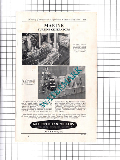 Metropolitan Vickers VIVIEN LOUISE Ship / Lockwood & Carlisle ADVERT - c.1957