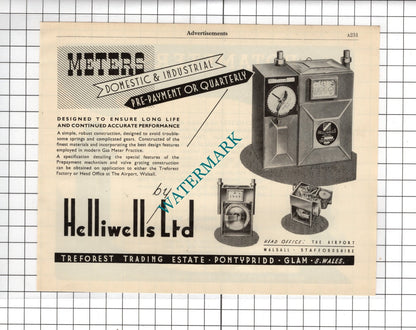 Rotameter Mfg Co Croydon / Helliwells Ltd Pontypridd Wales Gas Meter 1951 Advert