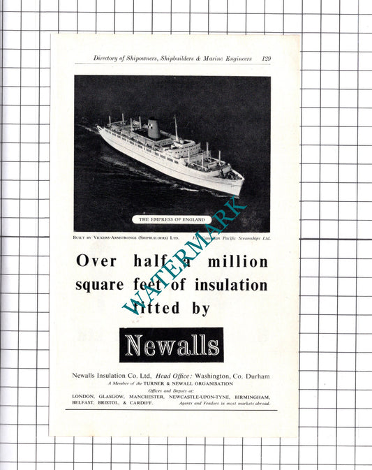 Newalls Insulation Washington Empress of England Ship N Hingley ADVERT - c.1957