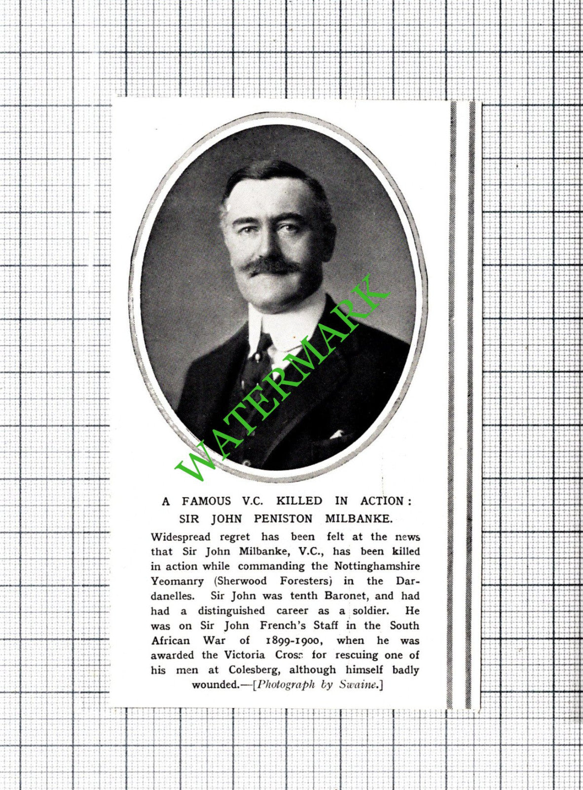 Sir John Peniston Milbanke Sherwood Foresters Great War WW1 - 1915 Small Cutting