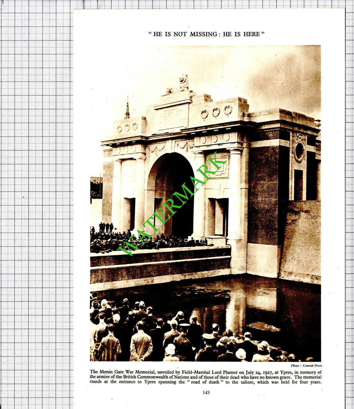 Menin Gate War Memorial Ypres Unveiling    - c.1936 Cutting / Print