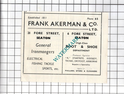 Frank Akerman & Co Seaton Devon / A Copp & Sons Colyton - c.1954 SMALL Advert