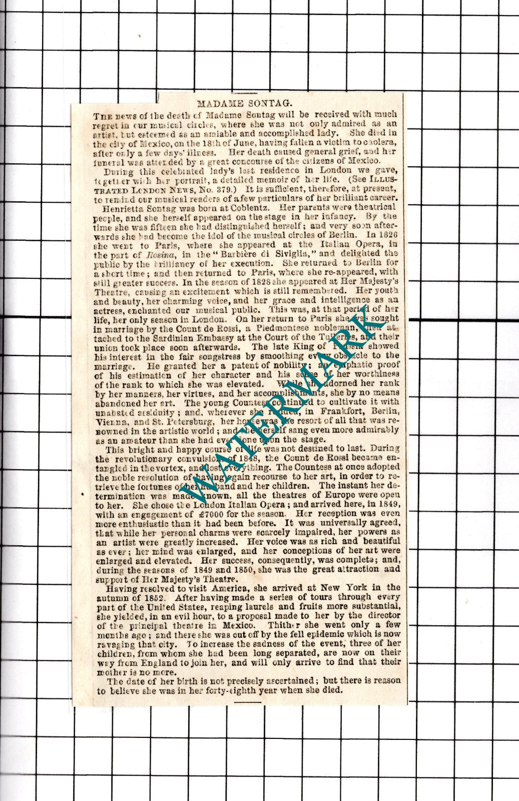 Madame Sontag Singer  Count de Rossi  Obituary -  1854 Clipping