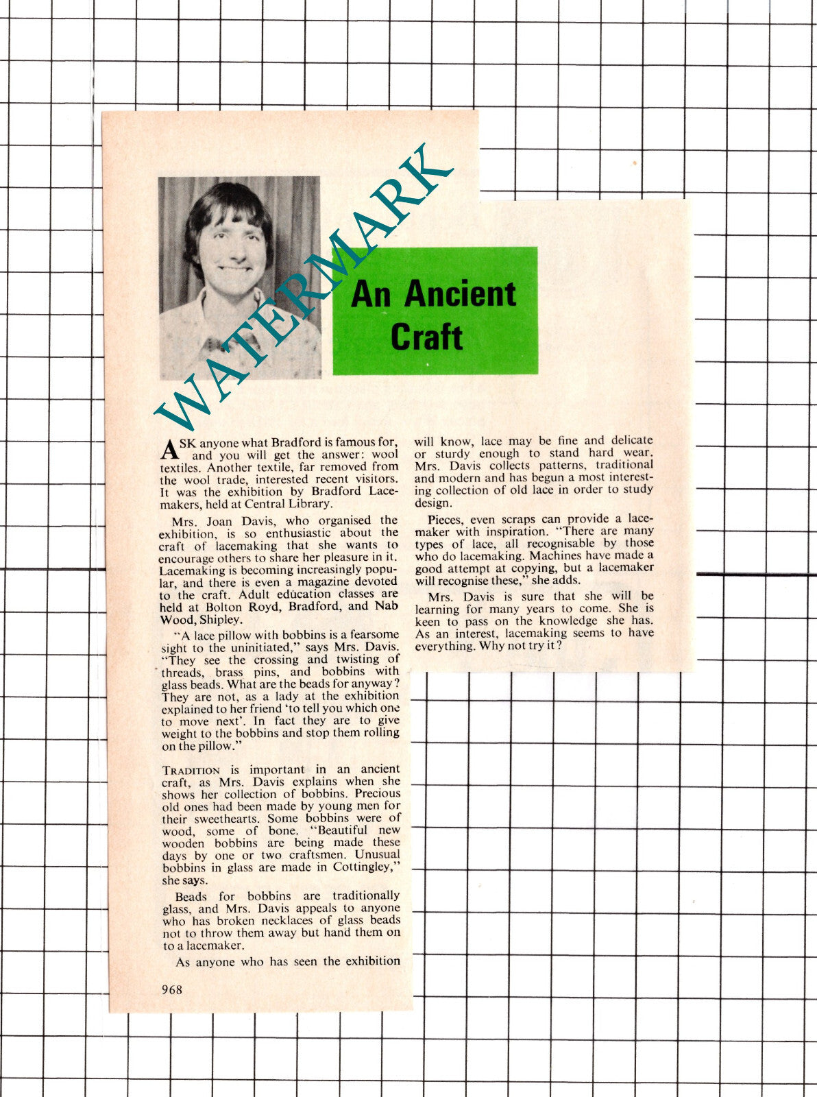 Mrs Joan Davis Bradford Lacemaking - 1978 Clipping