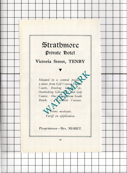 Strathmore Hotel Tenby Wales Mrs Nisbet  Belgrave Corbett-Dyer   - 1936  Advert