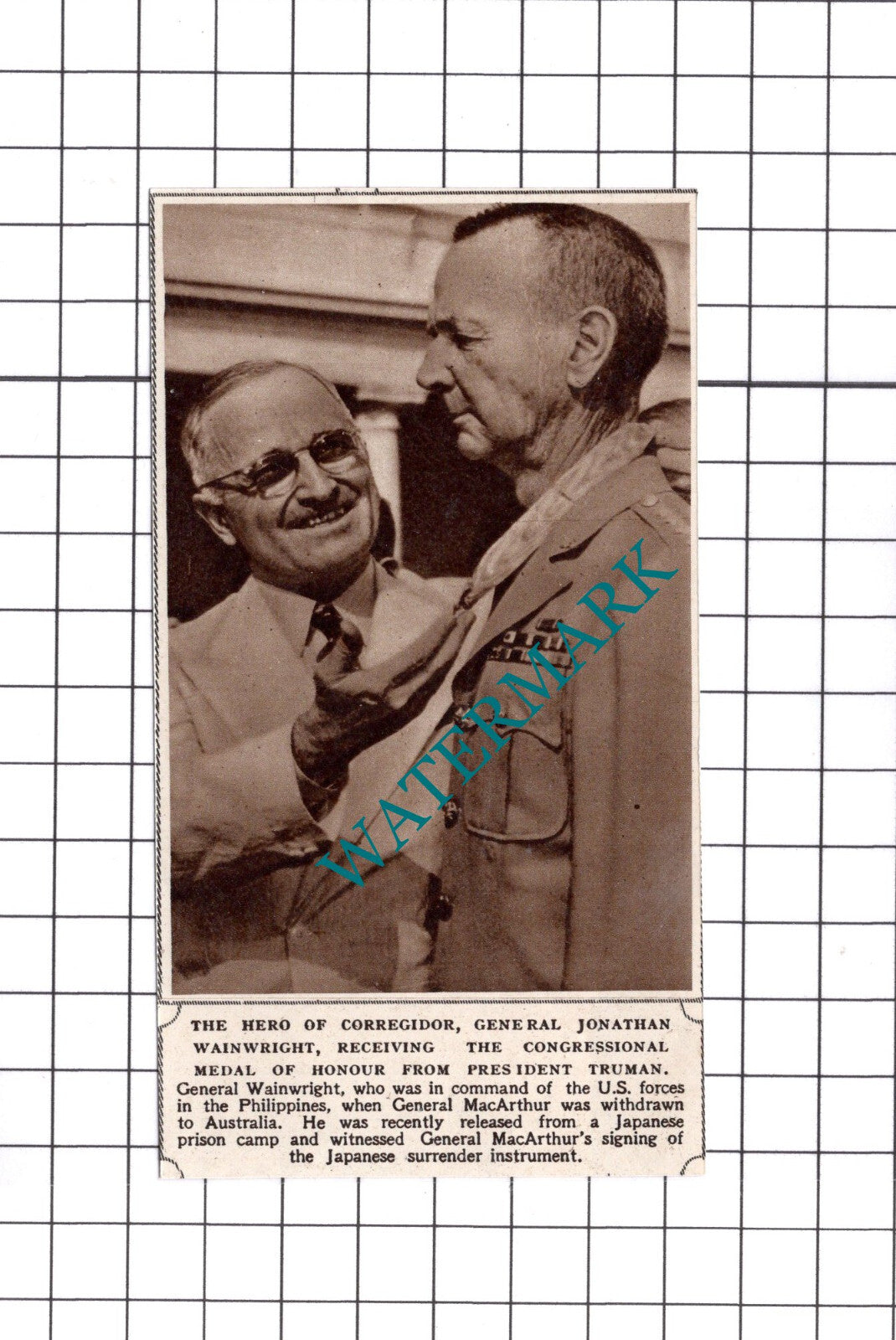 General Jonathan Wainwright Corregidor  WW2 - 1945 Small Clipping