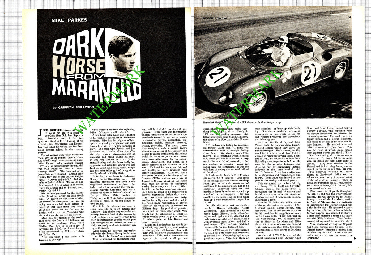 Mike Parkes Racing Driver  - 1966 Article