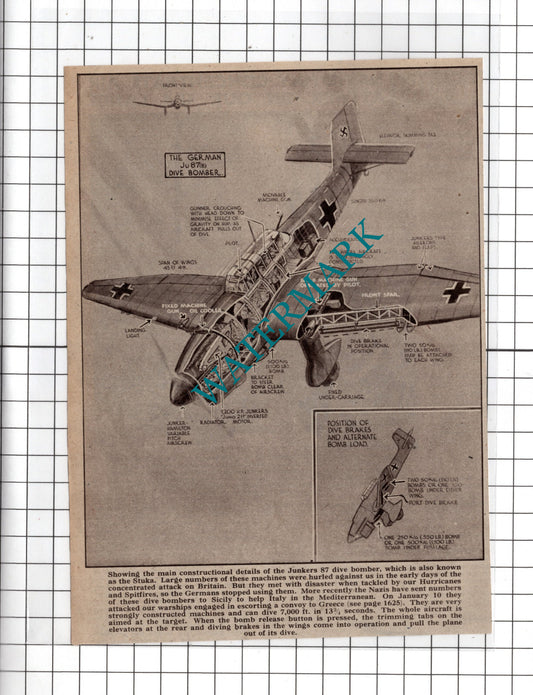 The German Junkers 87 JU87 Dive Bomber Plane  Diagram WW2  - 1940's Clipping