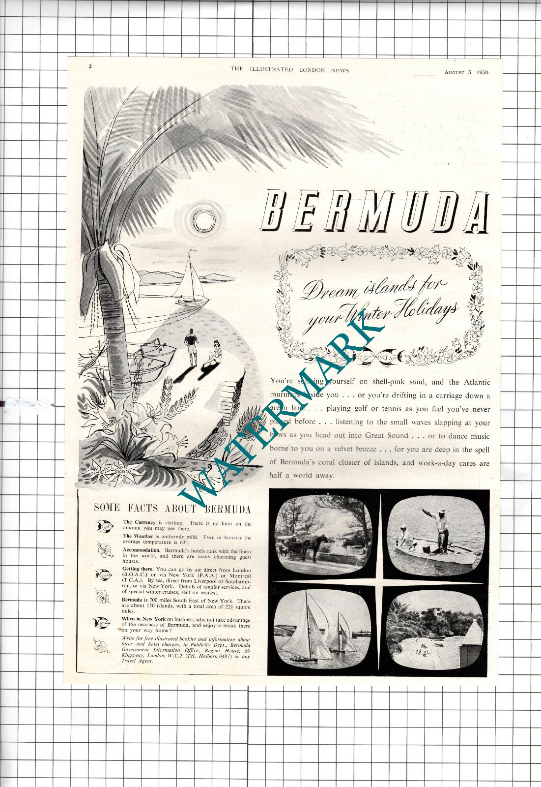 Bermuda Travel Advert - 1950 Cutting / Print