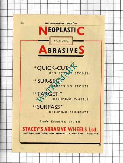 Dormer Tools / Stacey's Abrasive Wheels Ltd Sheffield  - 1948 Advert