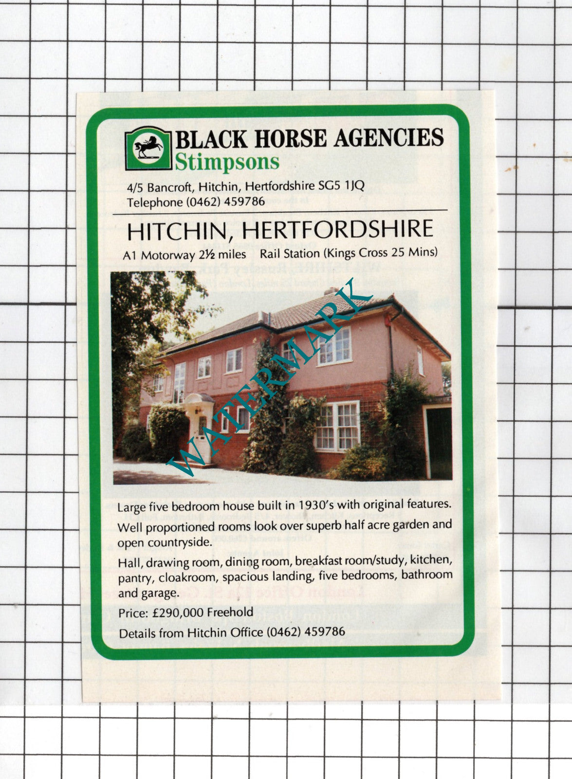 Hitchin Hertfordshire House Sale Advert - 1990 Small Cutting
