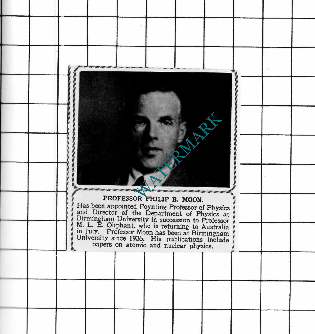 Professor Philip B Moon Birmingham University  - 1950 SMALL Clipping / Print
