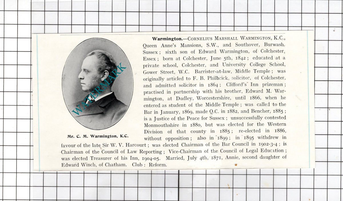 Cornelius Marshall Warmington Southover Burwash Sussex   - c.1905 Clipping