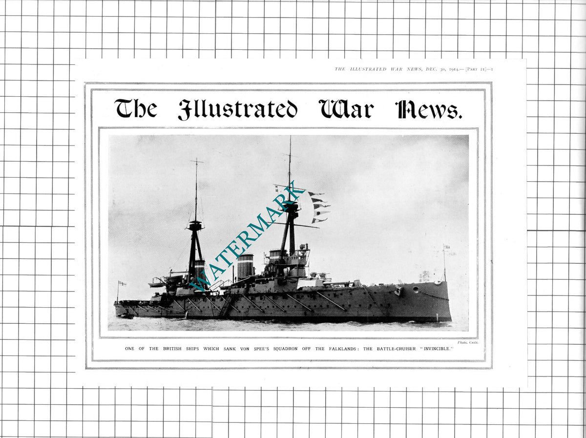 INVINCIBLE Battle Cruiser Ship WW1  -  1914 Clipping / Print
