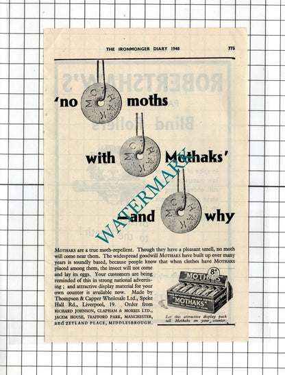 James Robertshaw & Sons Manchester Mothawks Richard Johnson Clapham -1948 Advert