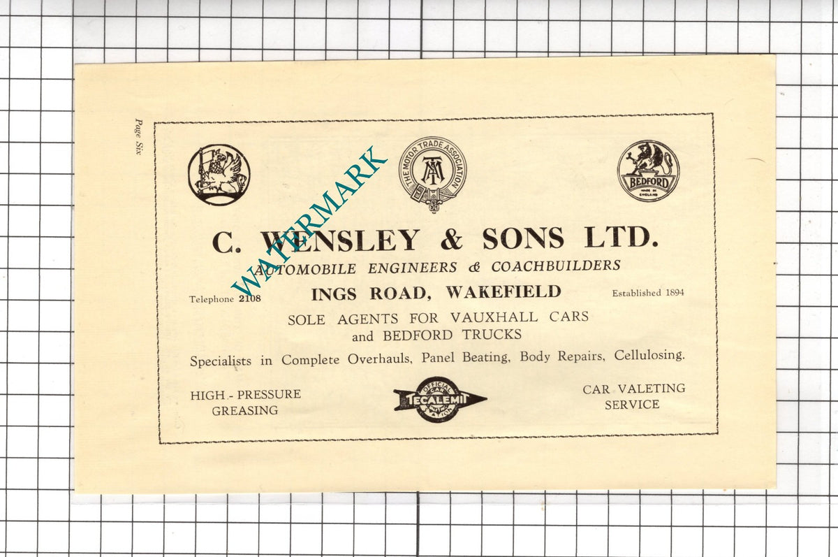 C Wensley & Sons Ltd Ings Road Wakefield - 1939 Advert
