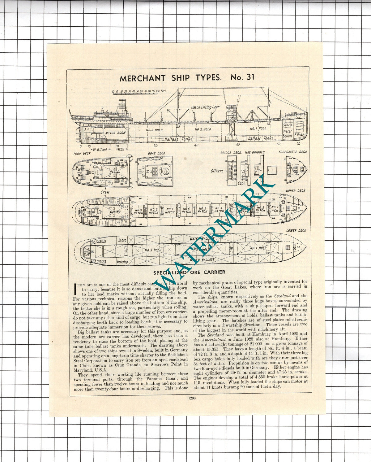 Svealand    / Amerikaland Ship Ore Carrier Diagram  - c.1940 Cutting