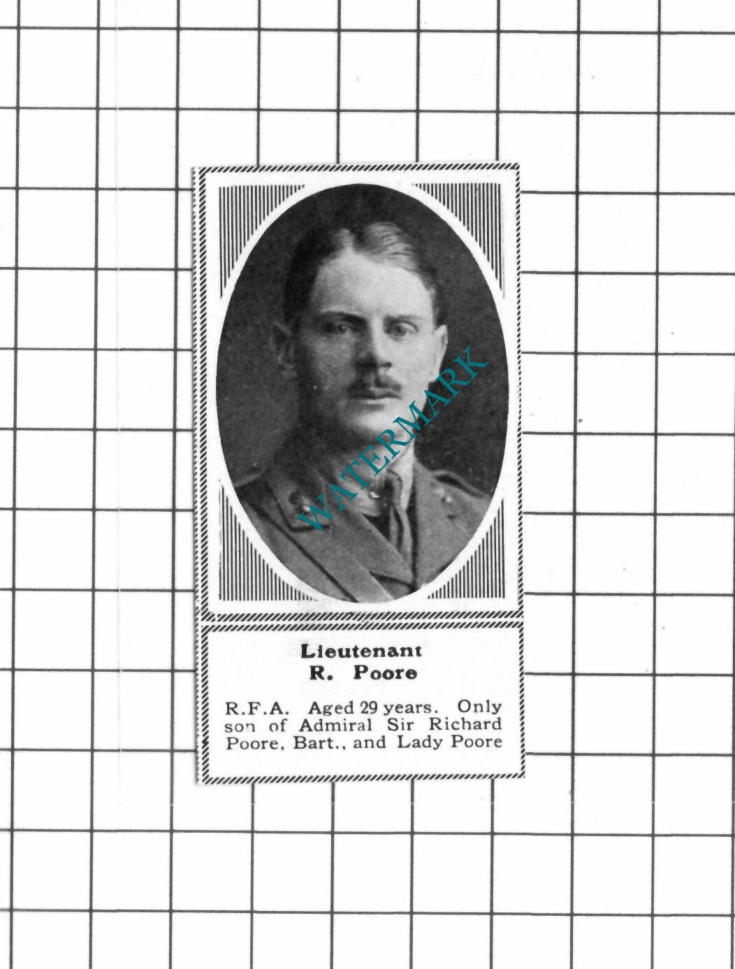 Lt R Poore RFA Admiral Sir Richard Poore WW1 -c.1918 SMALL Clipping / Print