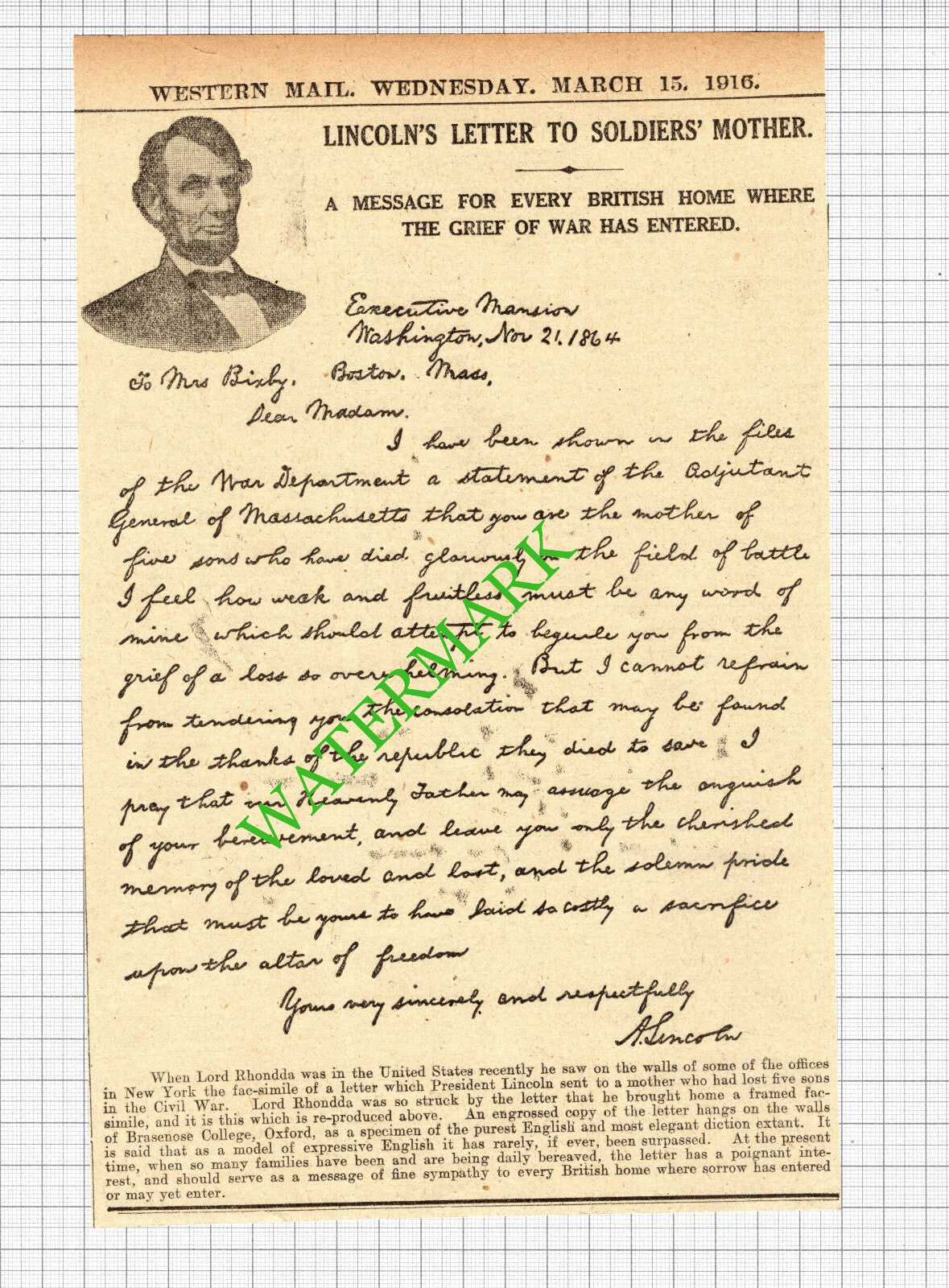 Lord Rhondda Abraham Lincoln Civil War Letter -  1916 News Cutting