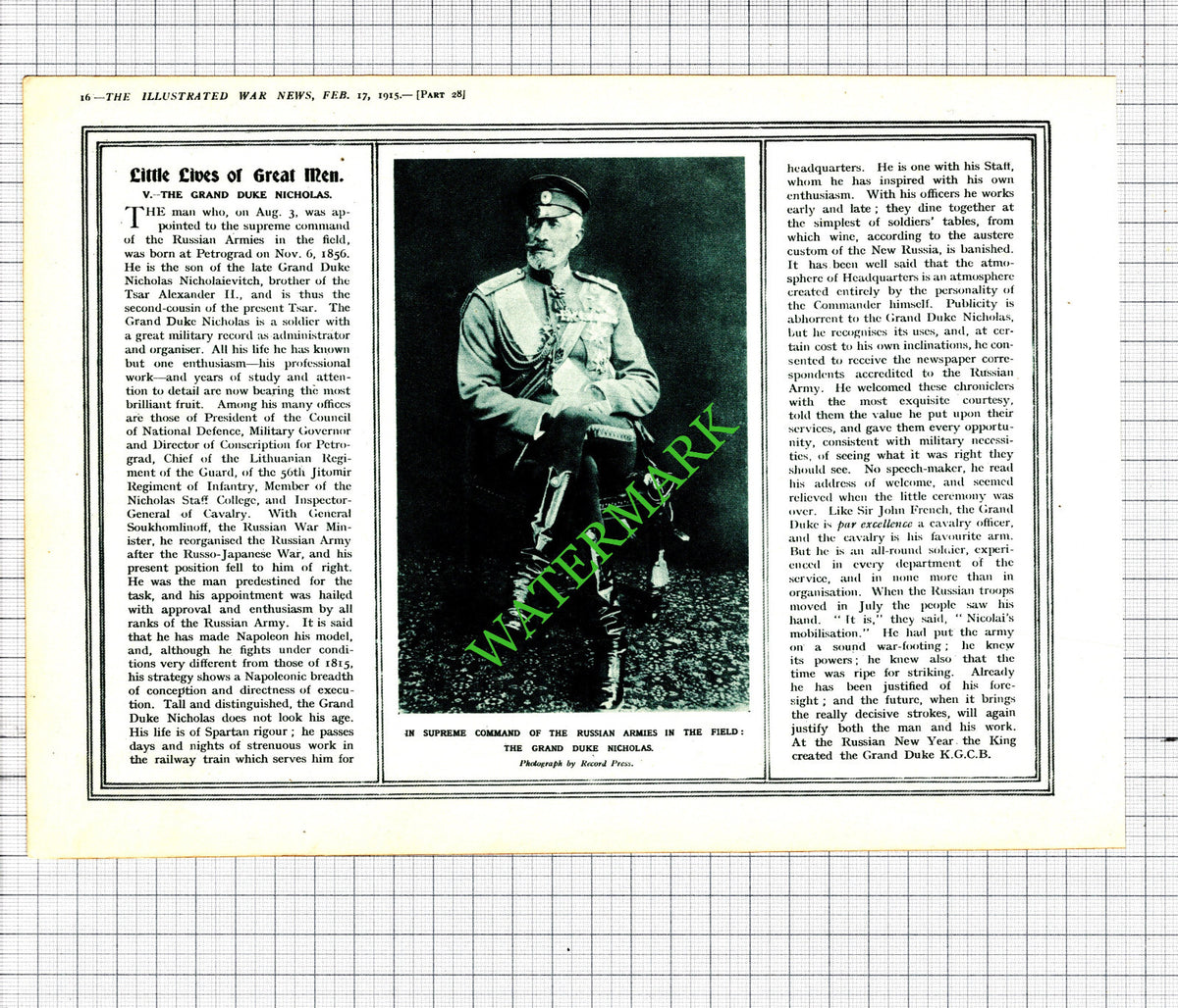 The Grand Duke Nicholas WW1 - 1915 Cutting / Print
