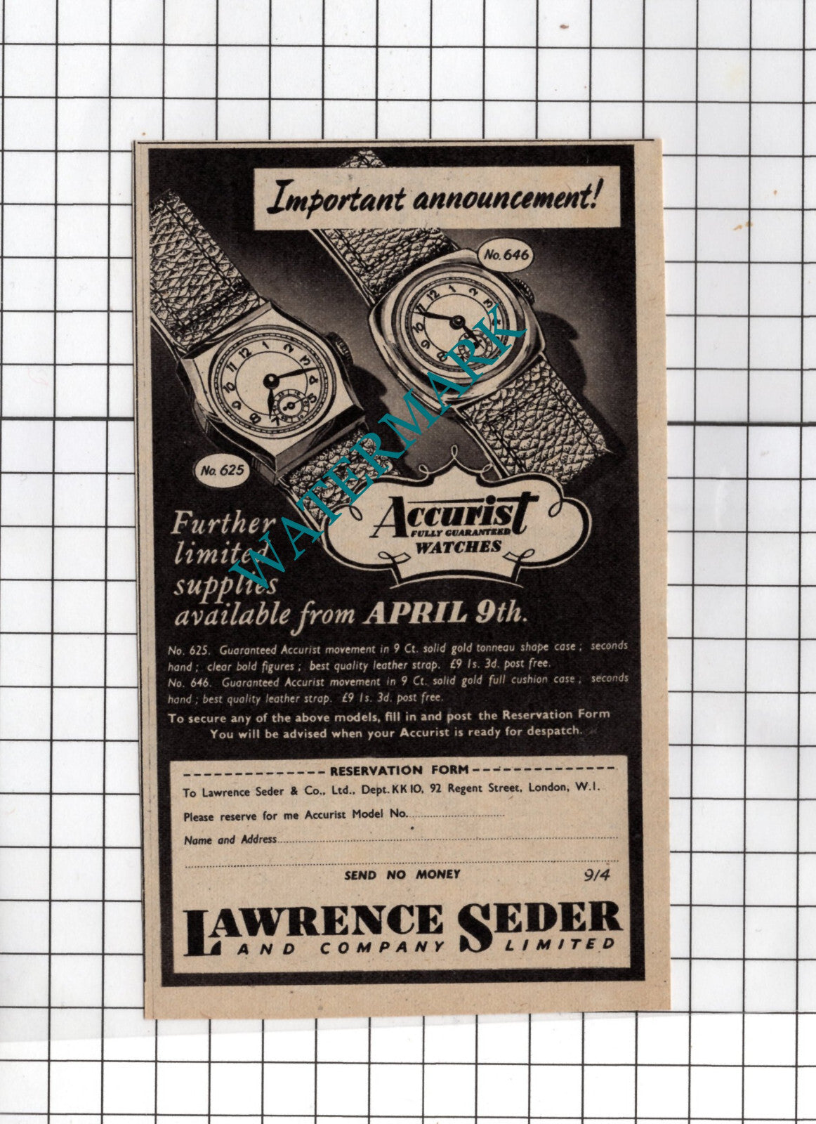 Lawrence Seder and Company Ltd Accurist Watch Advert  - 1943 Wartime Advert