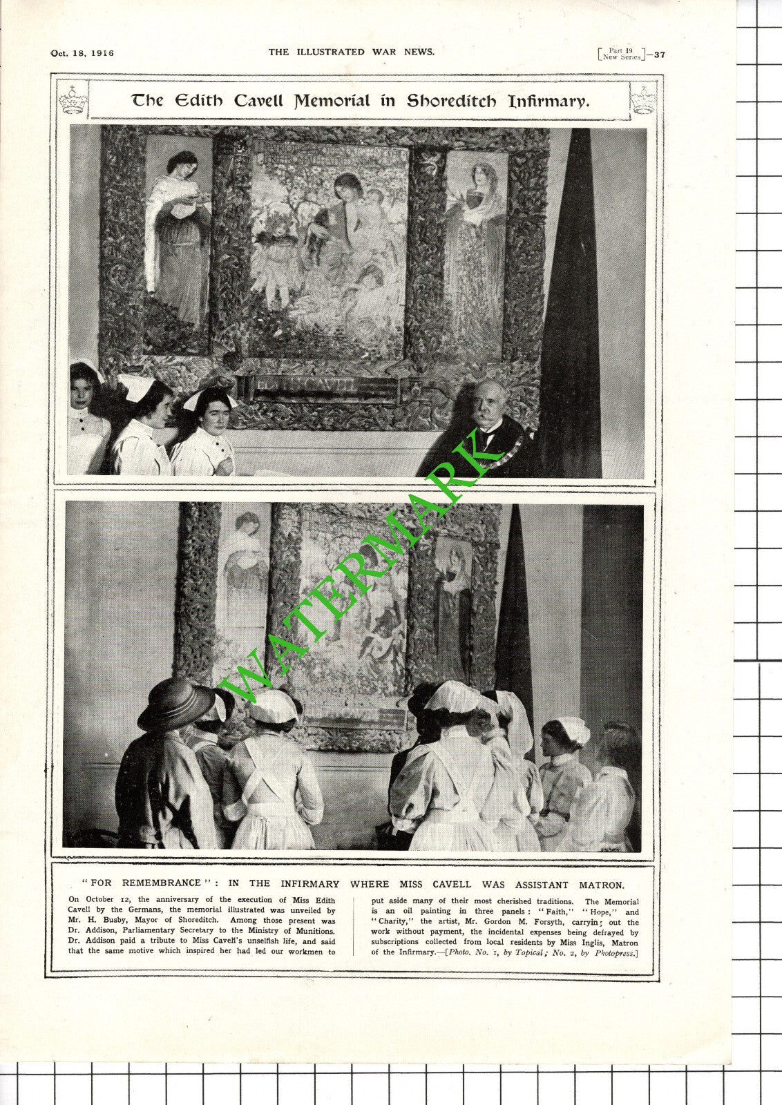 Edith Cavell Memorial Shoreditch Infirmary H Busby Mayor Inglis - 1916 Cutting