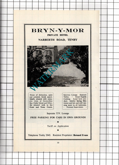 Bryn-y-Mor Hotel Tenby Wales Bernard Evans / Sandtops Tenby Edwards  1962 ADVERT