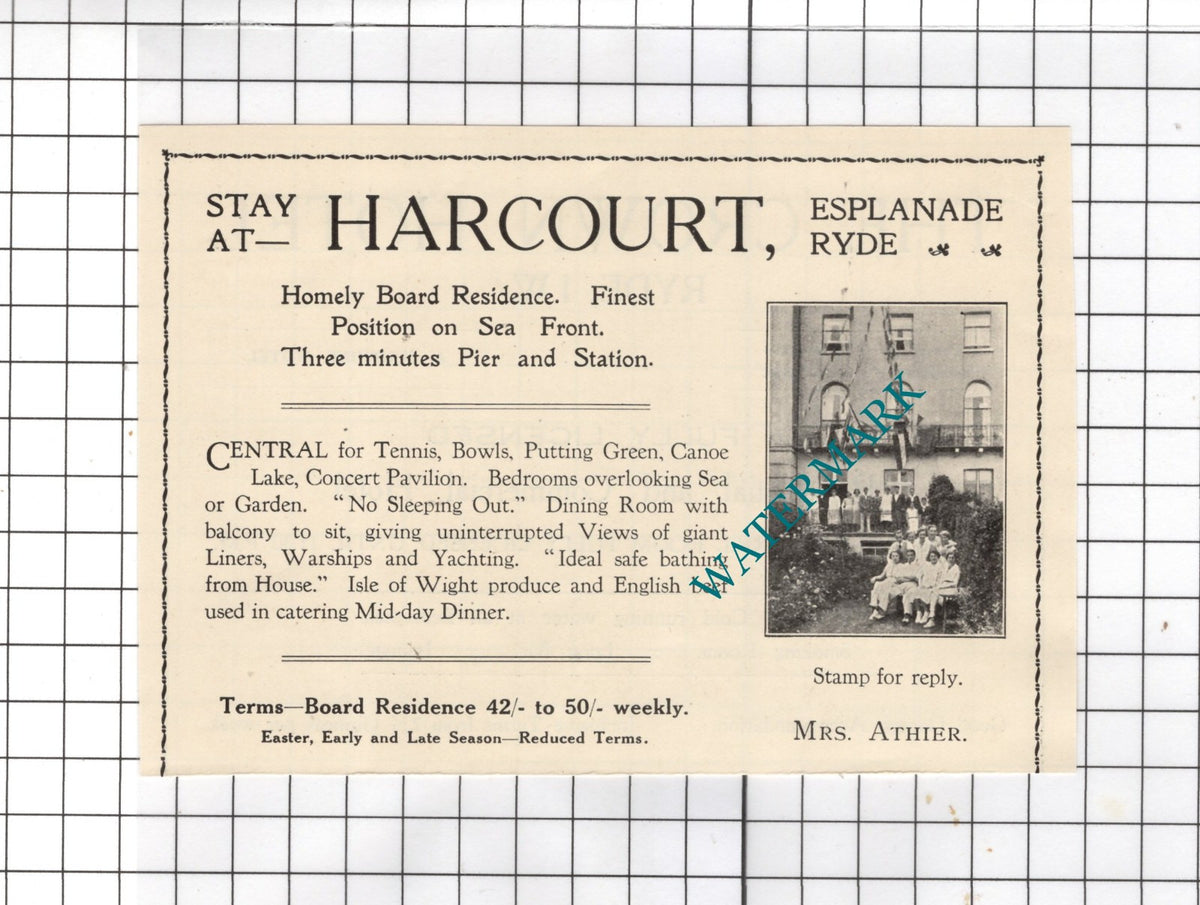 Harcourt Esplanade Ryde Isle Of Wight Mrs Athier   - 1938 Small Advert