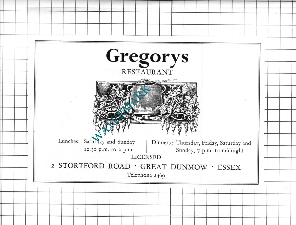 Gregorys Restaurant Great Dunmow Essex Advert -  1967 Clipping
