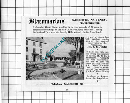 Blaenmarlais Narberth Wales Jones / Awel-deg Clynderwen - 1962 Small Advert