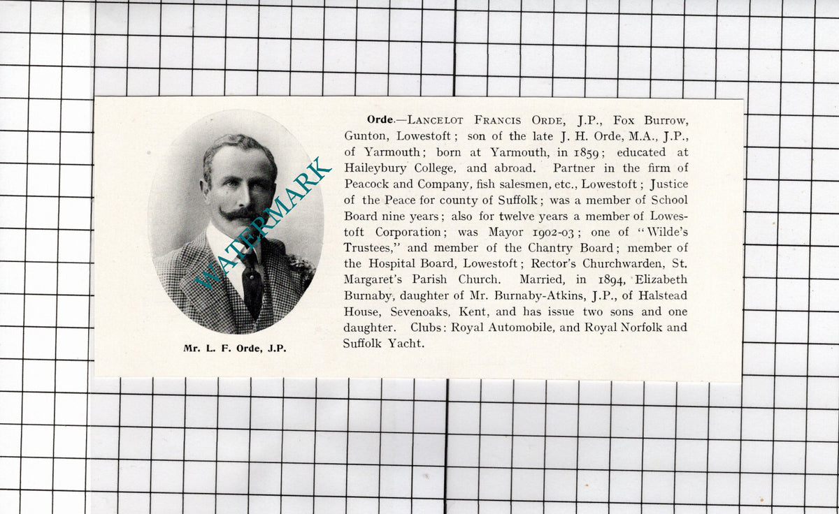 Lancelot Francis Orde Lowestoft Suffolk / Arthur Murby Lakenham -  1911 Clipping