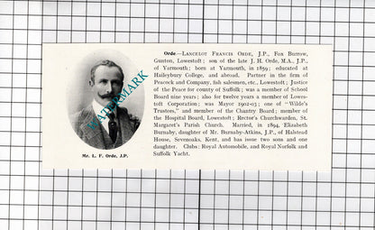 Lancelot Francis Orde Lowestoft Suffolk / Arthur Murby Lakenham -  1911 Clipping