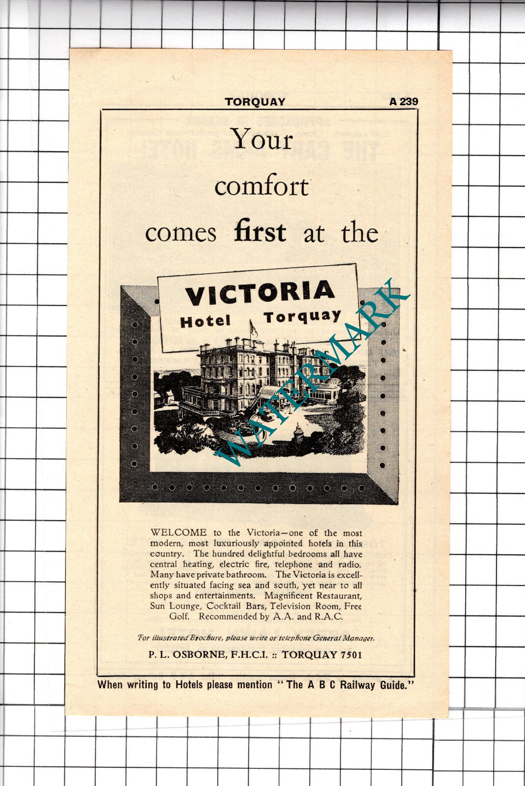 Victoria Hotel Torquay Devon P L Osborne Advert  - 1958 Cutting