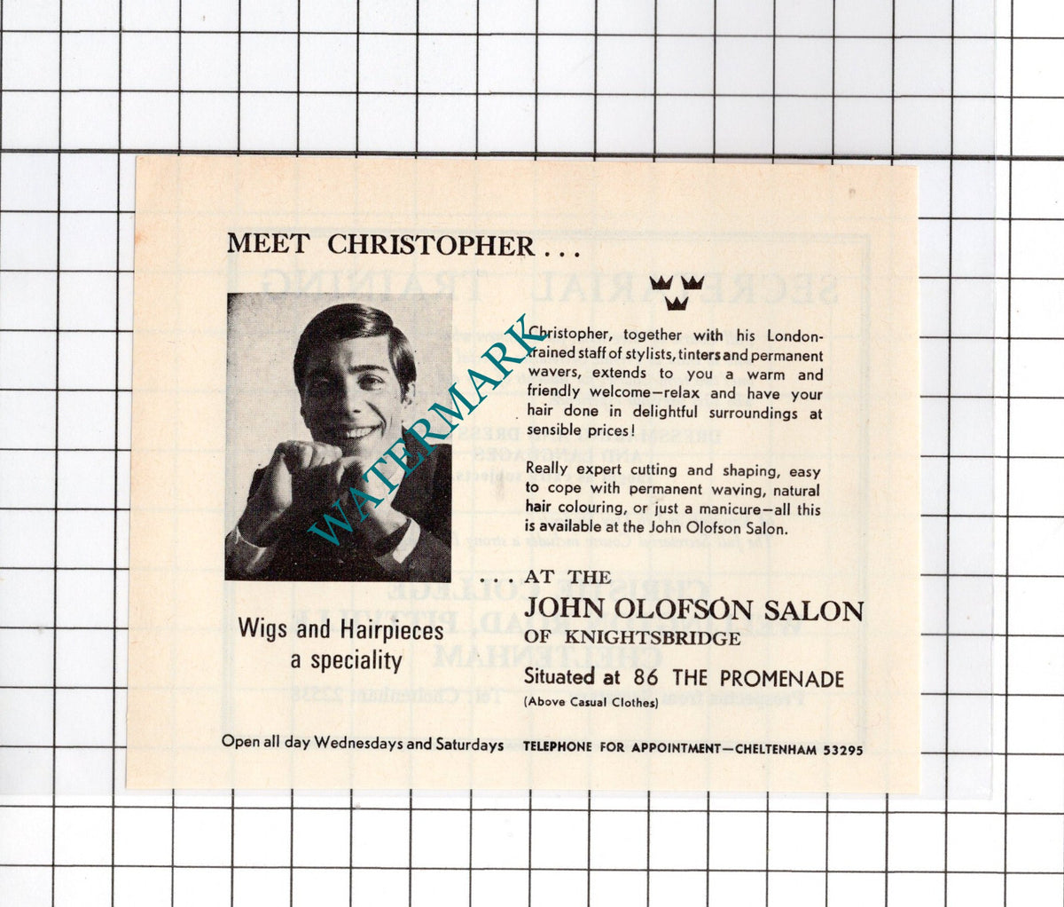 The John Olofson Salon Of Knightsbridge Cheltenham -  c.1970's Small Advert