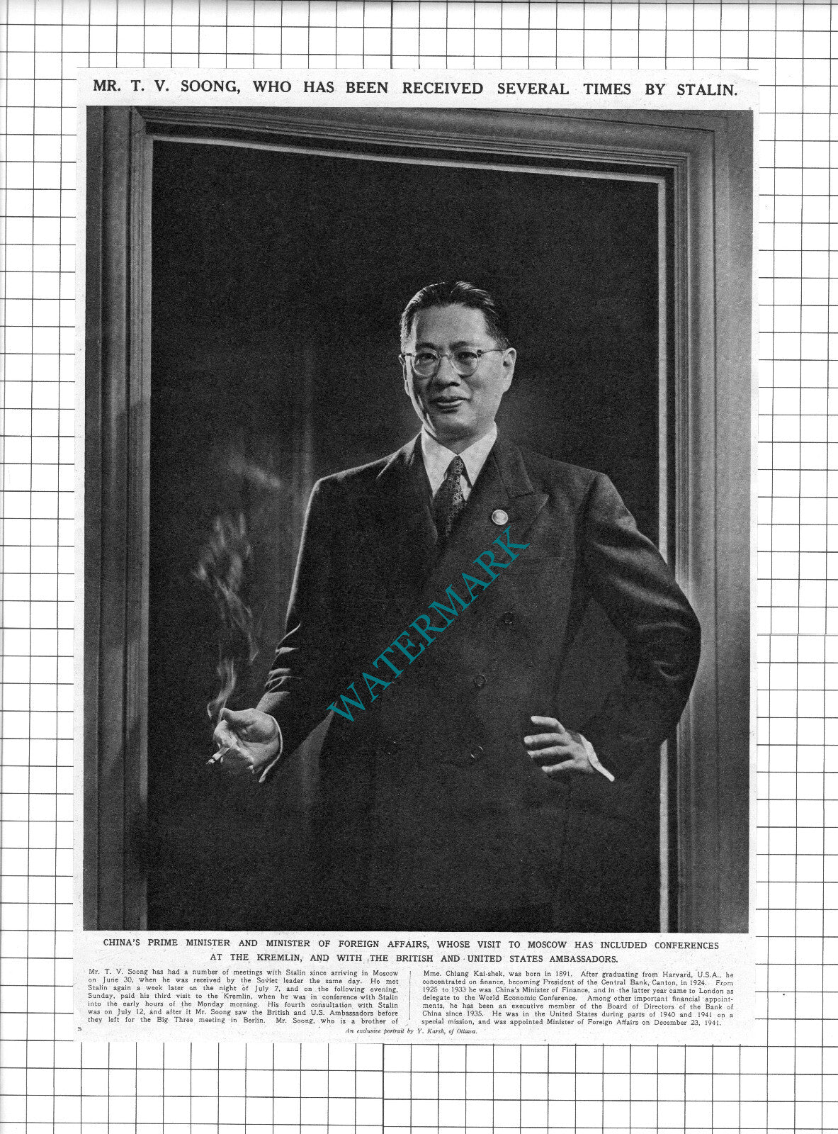 Mr T V Soong China Chinese Prime Minister - 1945  Clipping / Print
