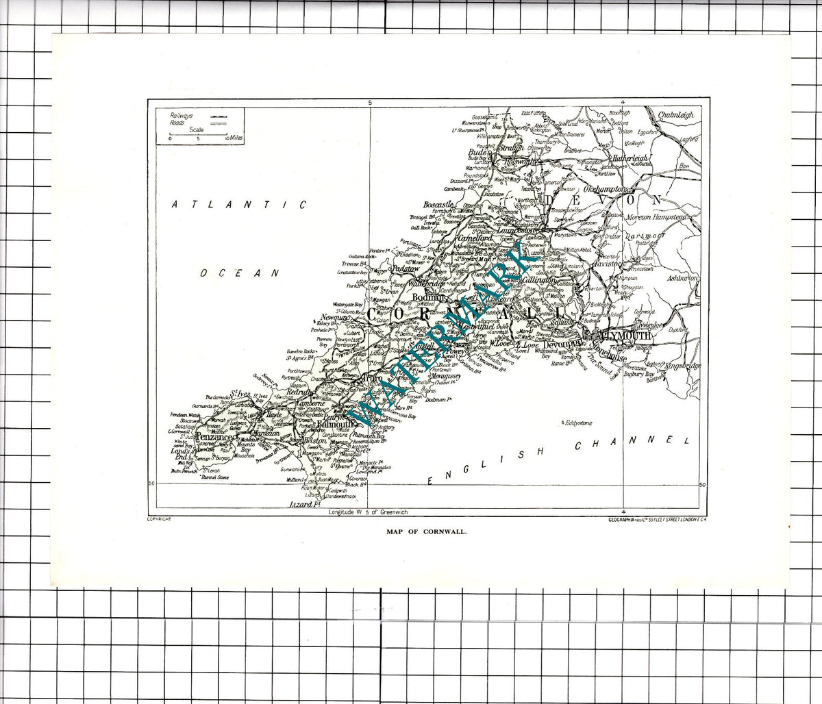 Cornwall Map - c.1930s Clipping / Print