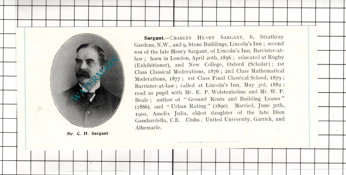 Charles Henry Sargant  6 Strathay Gardens London  -  c.1905 Clipping