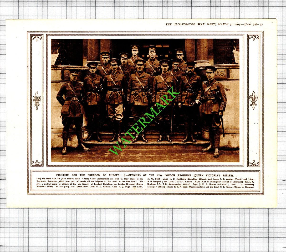9th London Regiment Rashleigh Keeson Bradney Fildes  WW1 - 1915 Cutting / Print