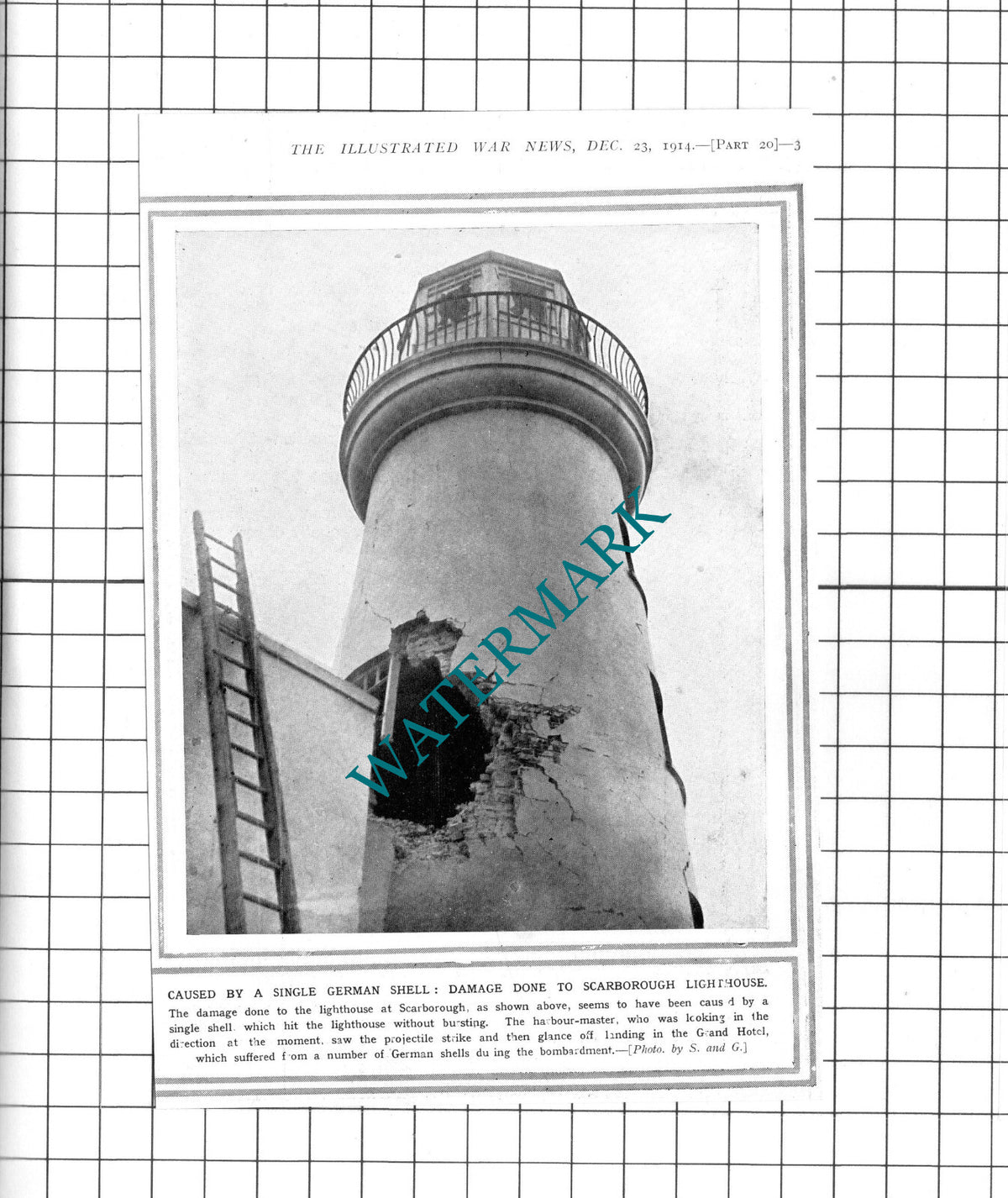 Scarborough Lighthouse Damage Great War WW1  - 1914 Small Clipping / Print