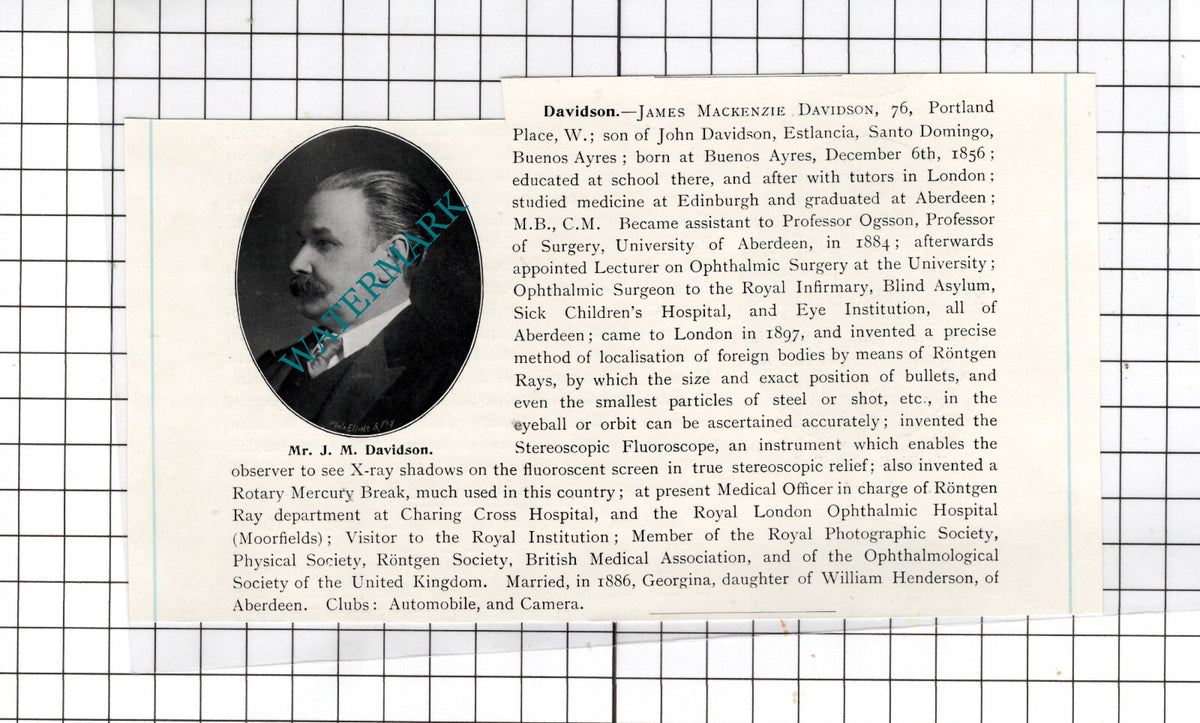 Mr James Mackenzie Davidson 76 Portland Place London - c.1910 Cutting