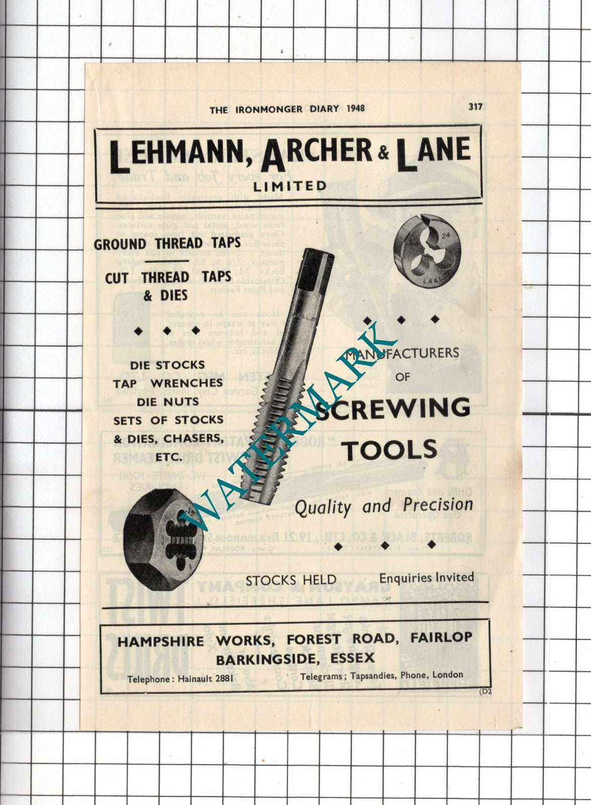 Lehmann Archer & Lane Ltd Fairlop Barkingside Essex  - 1948 Small Advert